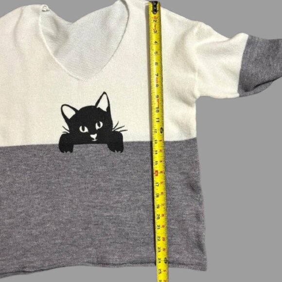 Super Cute Gray/Off White Black Cat Sweater V Neck Dolman Long Sleeves SZ XL - Picture 5 of 8